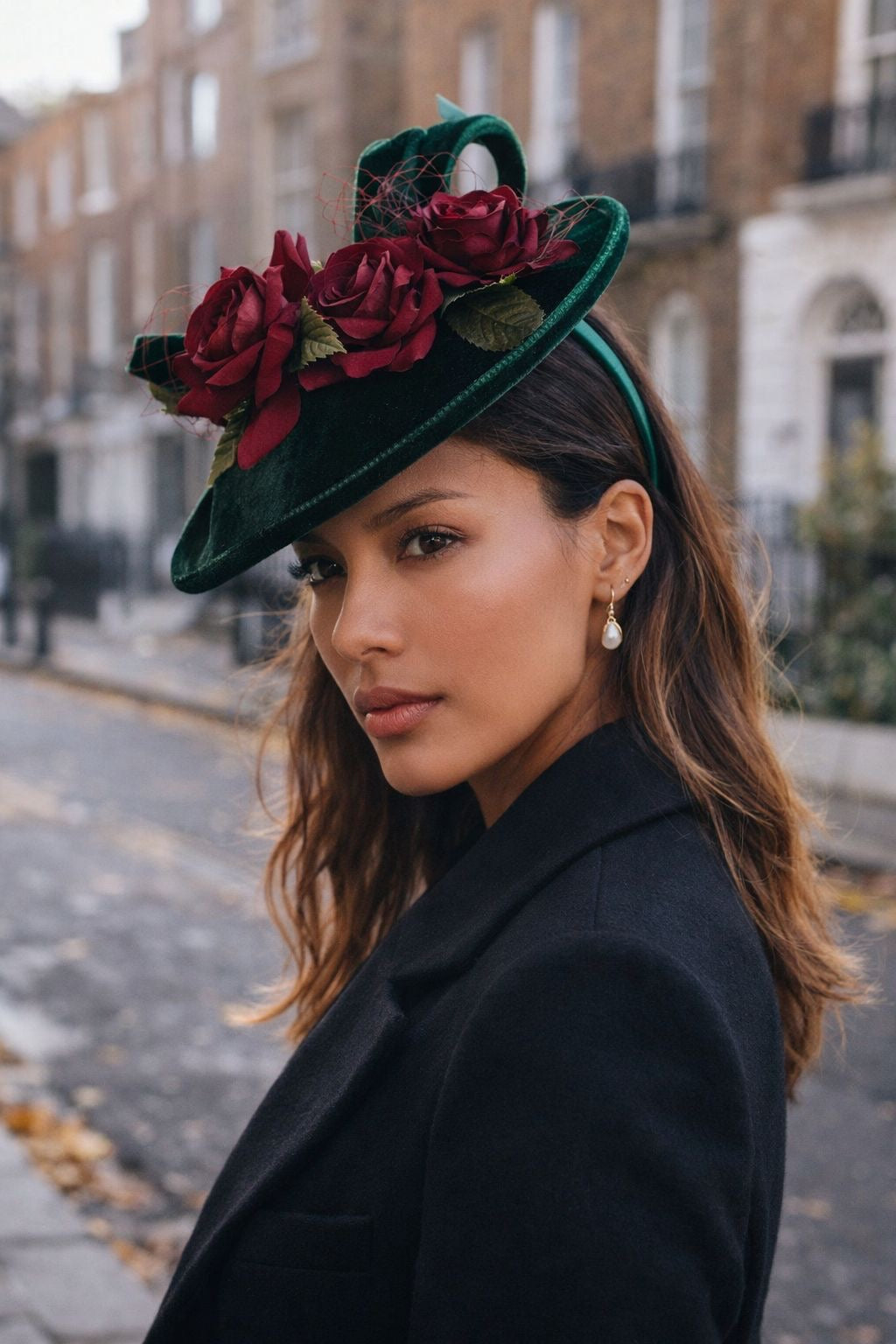Green Velvet with Red Rose Fascinator Hat
