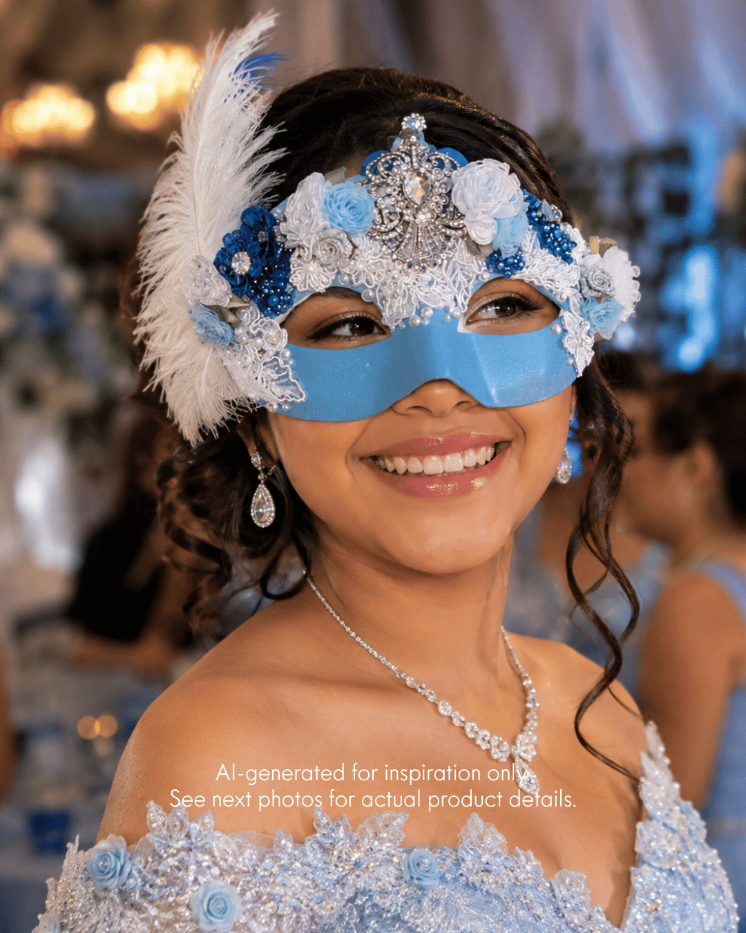 Blue and white quinceañera masquerade mask with flowers, crystals and white feather