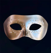 Elegant champagne gold Venetian masquerade mask with embossed scroll detailing around the eyes and a minimalist metallic finish, designed for masquerade balls, Mardi Gras, weddings, galas, cosplay, and formal costume events.