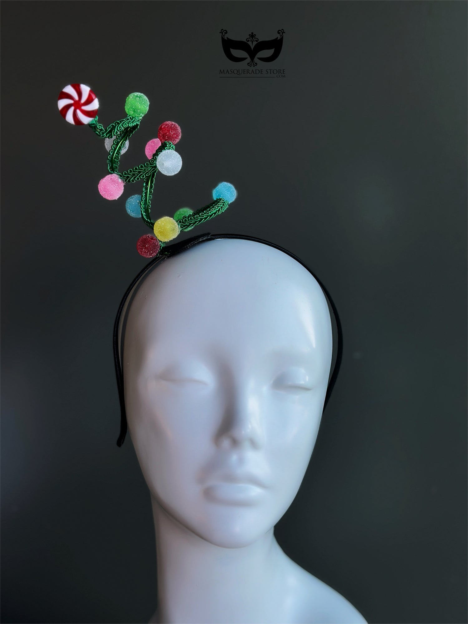 Christmas candy swirl spiral headband with peppermint candy topper and colorful pom accents