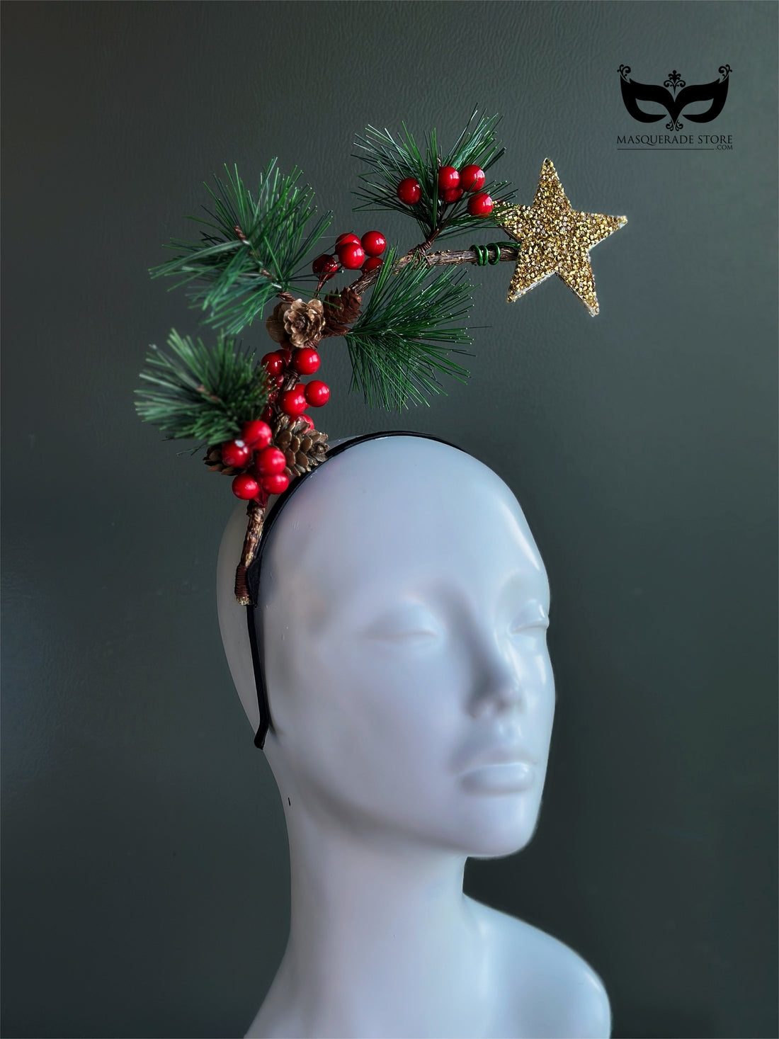 Christmas headband with gold star pine needles red berries and pinecones for holiday outfits and winter parties