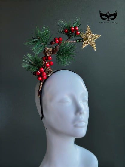 Christmas headband with gold star pine needles red berries and pinecones for holiday outfits and winter parties