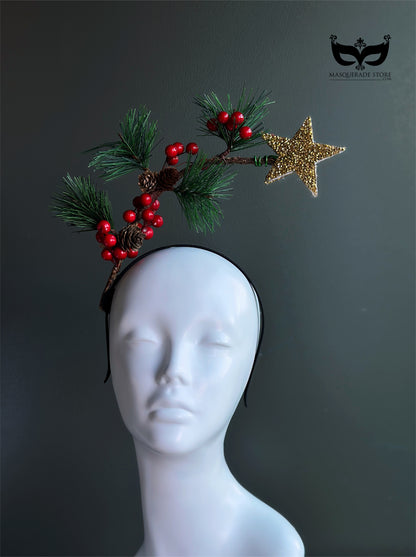 Christmas headband with gold star pine needles red berries and pinecones for holiday outfits and winter parties