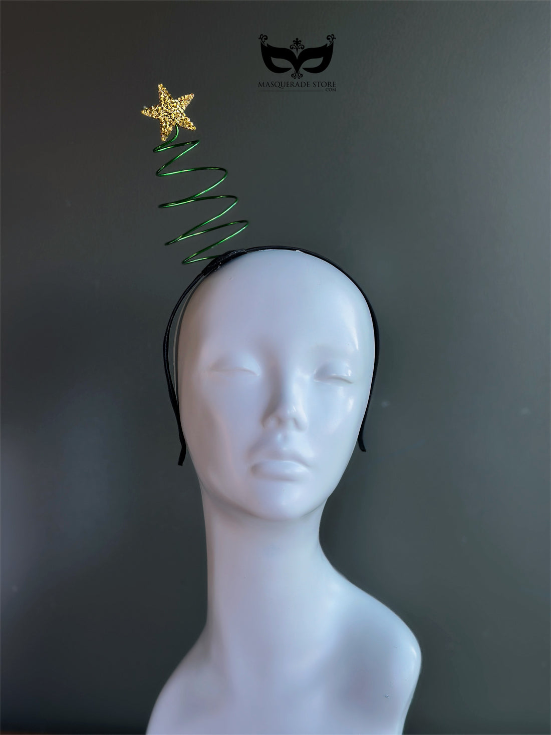 Christmas tree spiral star headband with green metallic coil and glitter gold star
