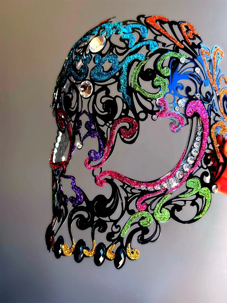 Rainbow glitter sugar skull masquerade mask with rhinestones, designed for Mardi Gras, Carnival, and Day of the Dead.