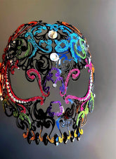 Rainbow glitter sugar skull masquerade mask with rhinestones, designed for Mardi Gras, Carnival, and Day of the Dead.