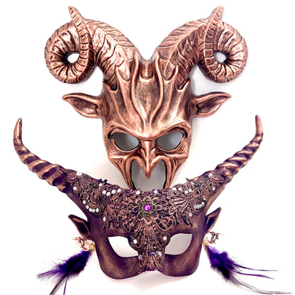 Fantasy copper horn masquerade mask set for men and women.