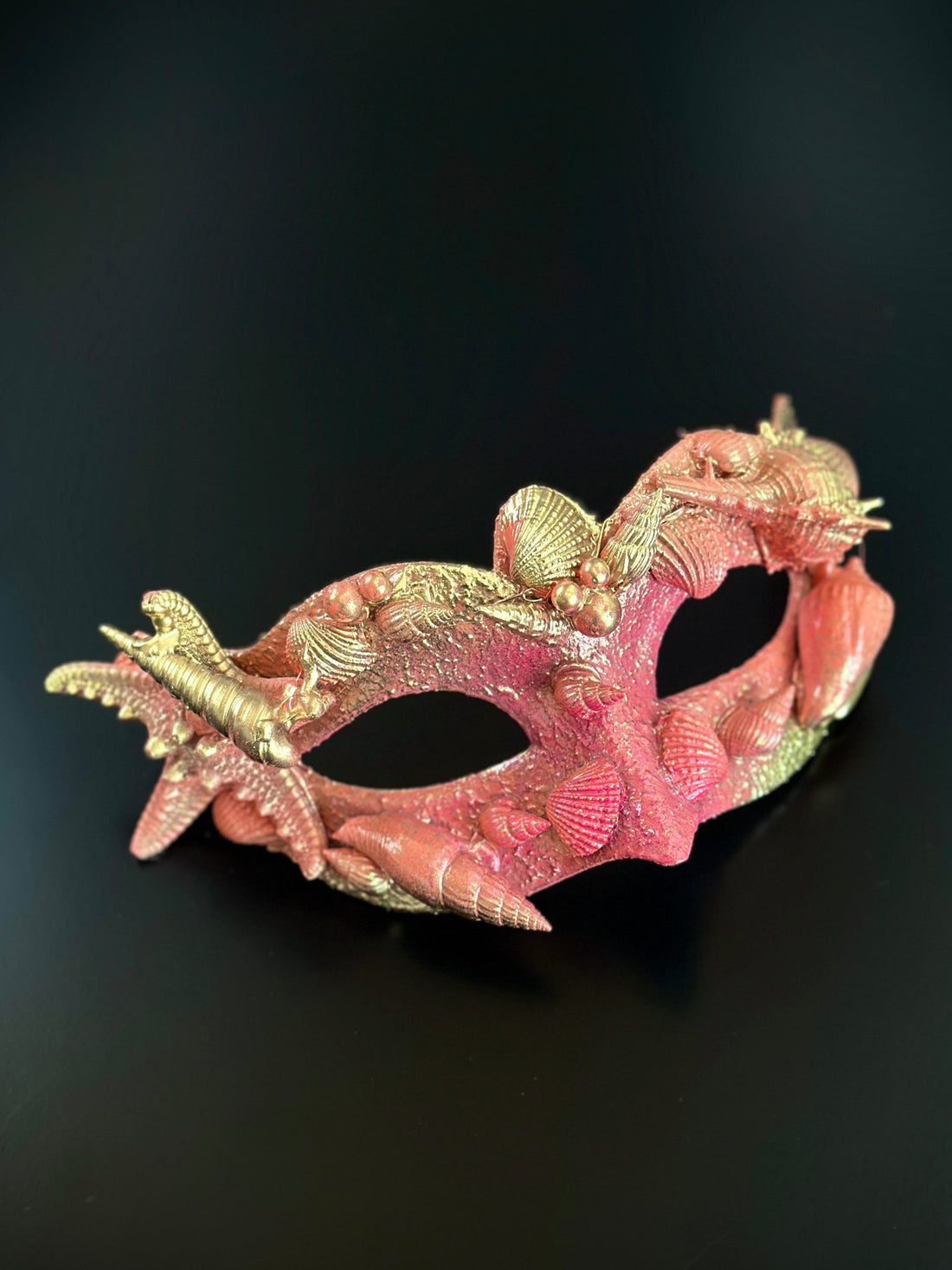 gold coral pink mermaid masquerade mask with shells and pearls