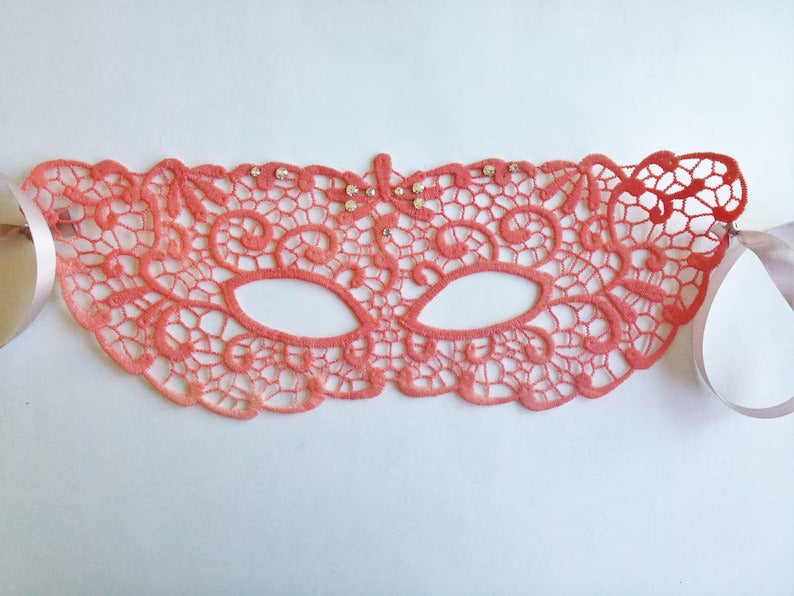 Coral lace masquerade mask with rhinestones, elegant lace party mask for women, prom, wedding, and masquerade ball accessory.