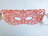 Coral lace masquerade mask with rhinestones, elegant lace party mask for women, prom, wedding, and masquerade ball accessory.