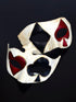 Couples masquerade mask set with black and red card suit symbols over the eyes and gold details.