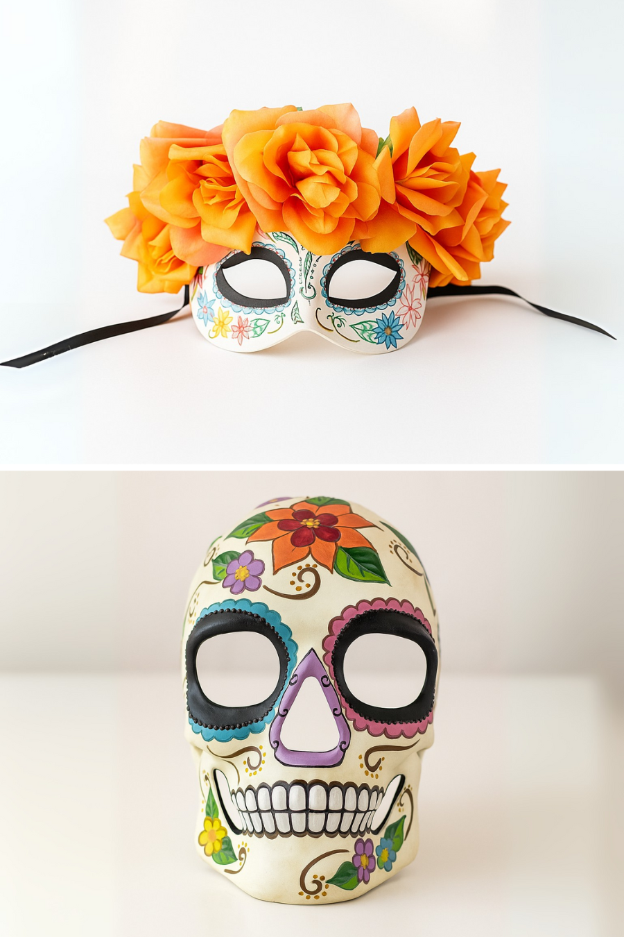 Couples sugar skull masks with orange rose crown and floral skull design.