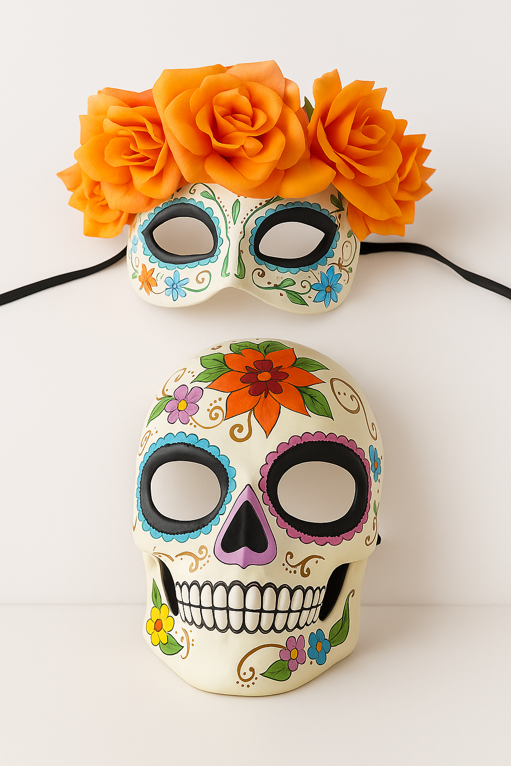 Couples sugar skull masks with orange rose crown and floral skull design.