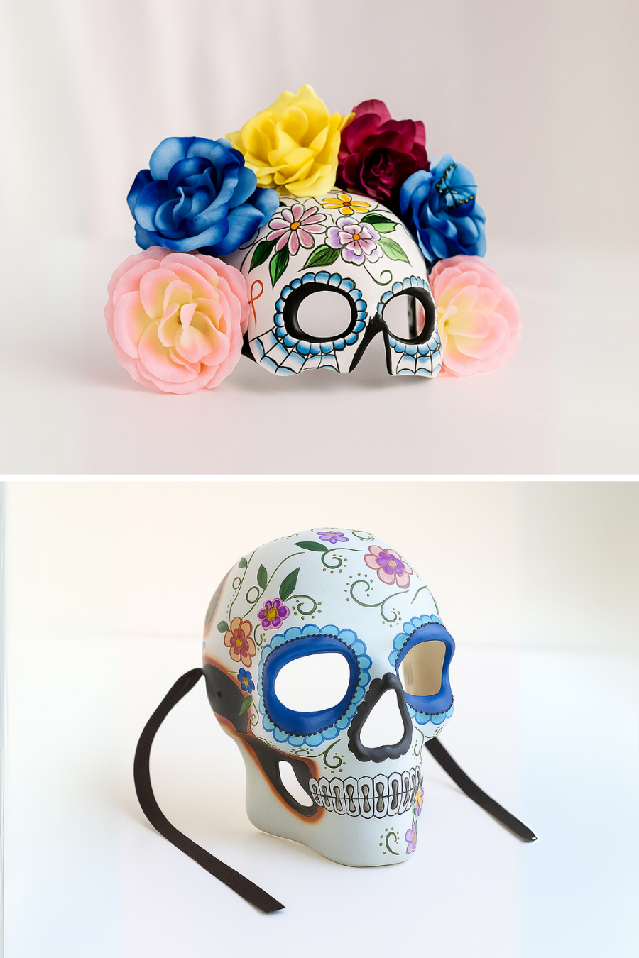 Couples sugar skull masks with floral crown and butterfly detail.