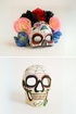 Couples sugar skull masks with rose floral crown and spider web skull design.