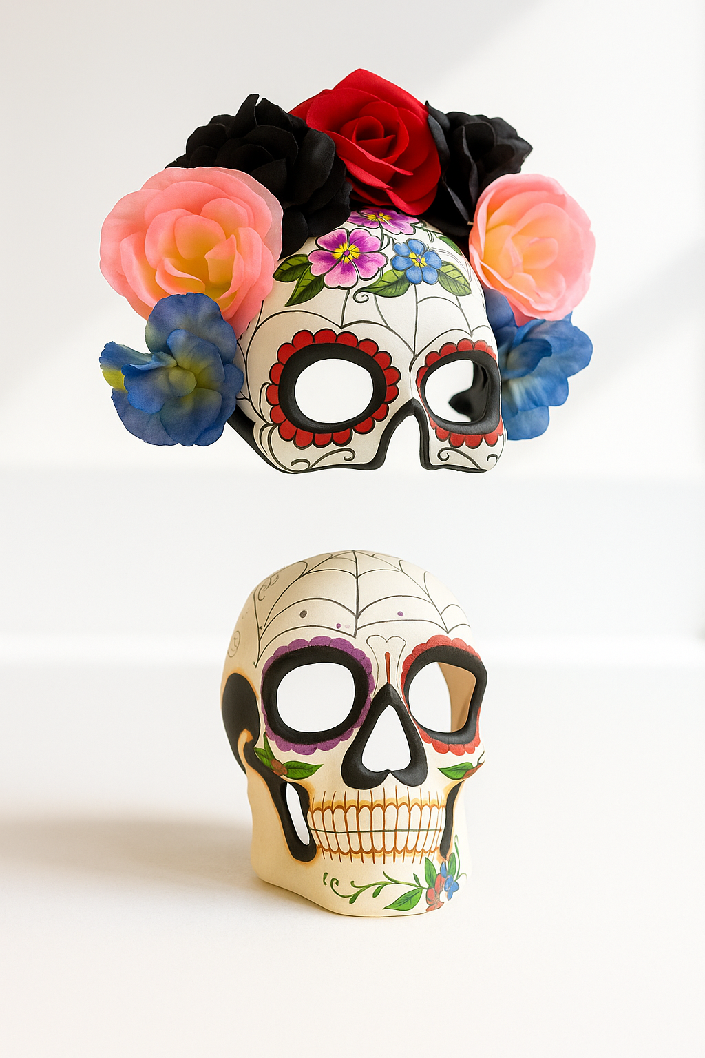 Couples sugar skull masks with rose floral crown and spider web skull design.