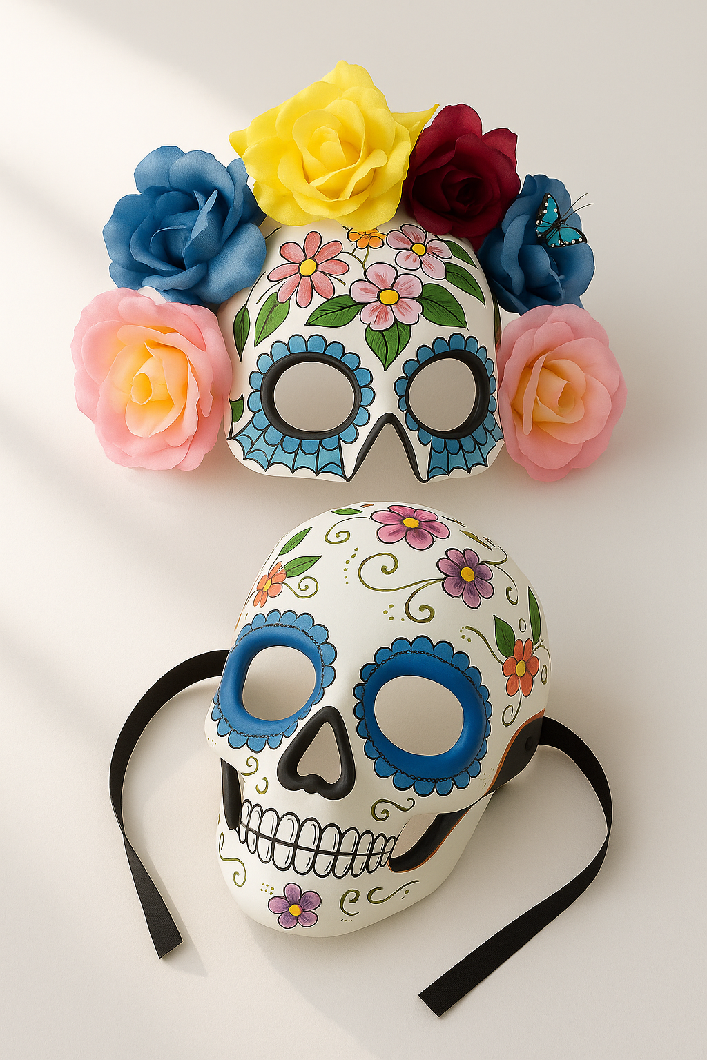 Couples sugar skull masks with floral crown and butterfly detail.