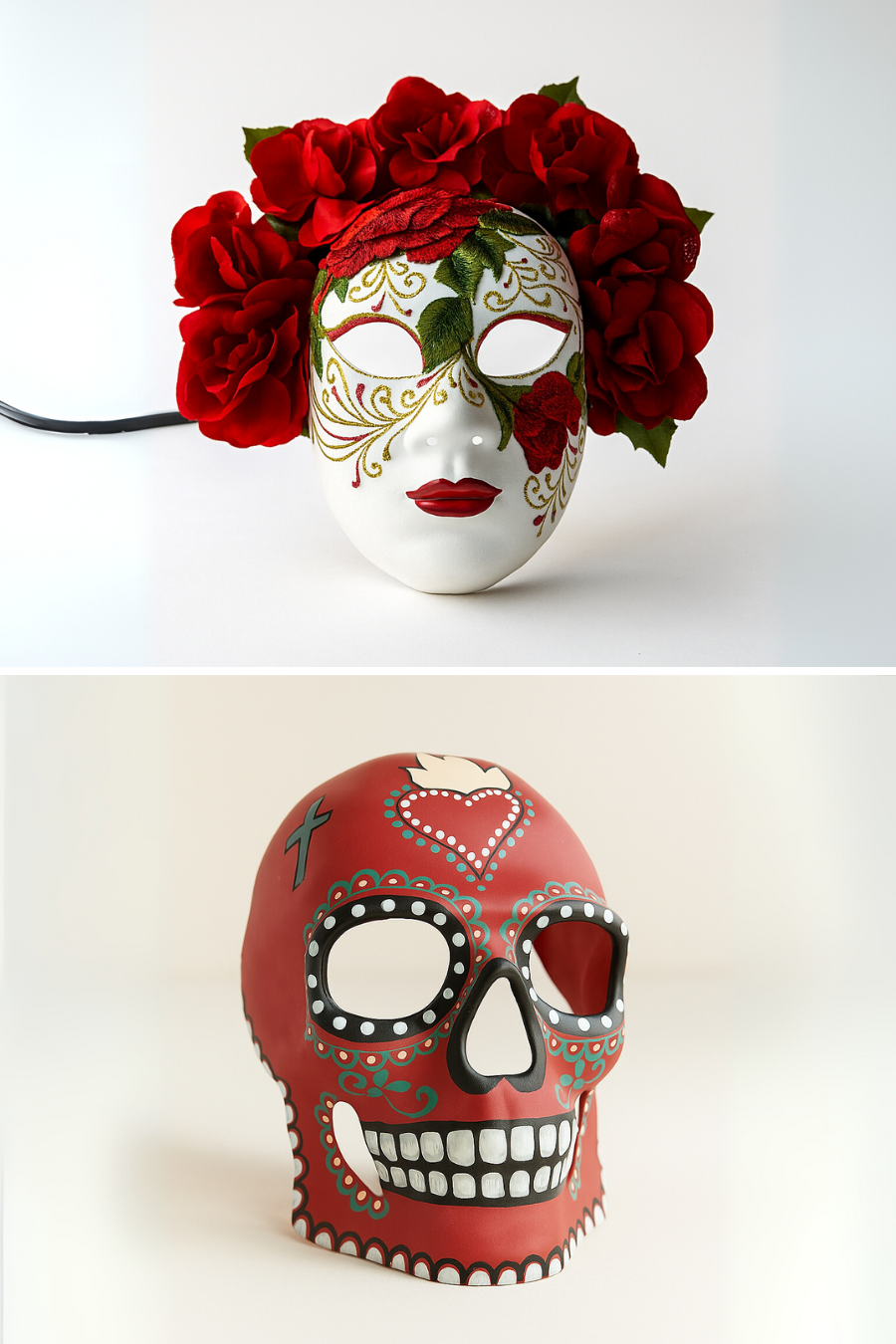 Couples sugar skull mask set with embroidered red roses and sacred heart skull.