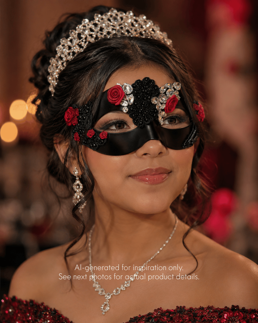 Black and red rose quinceañera masquerade mask with crystal embellishments