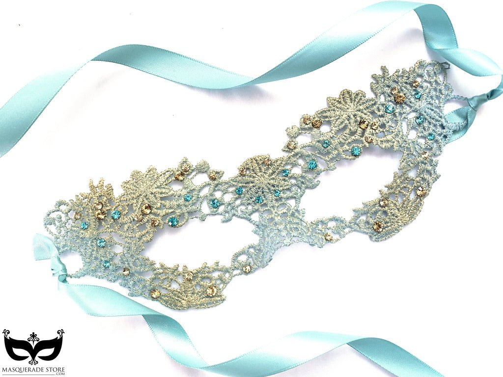 Custom lace masquerade mask in teal with gold and aqua embellishments, Pattern