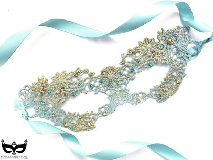 Custom lace masquerade mask in teal with gold and aqua embellishments, Pattern