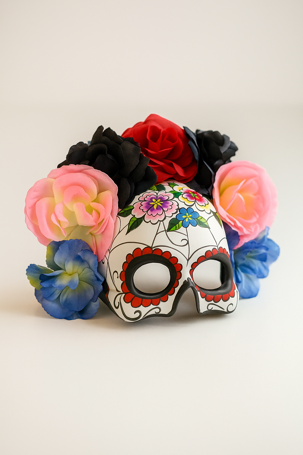 Dia de los Muertos sugar skull mask with red, black, pink, and blue flower crown.