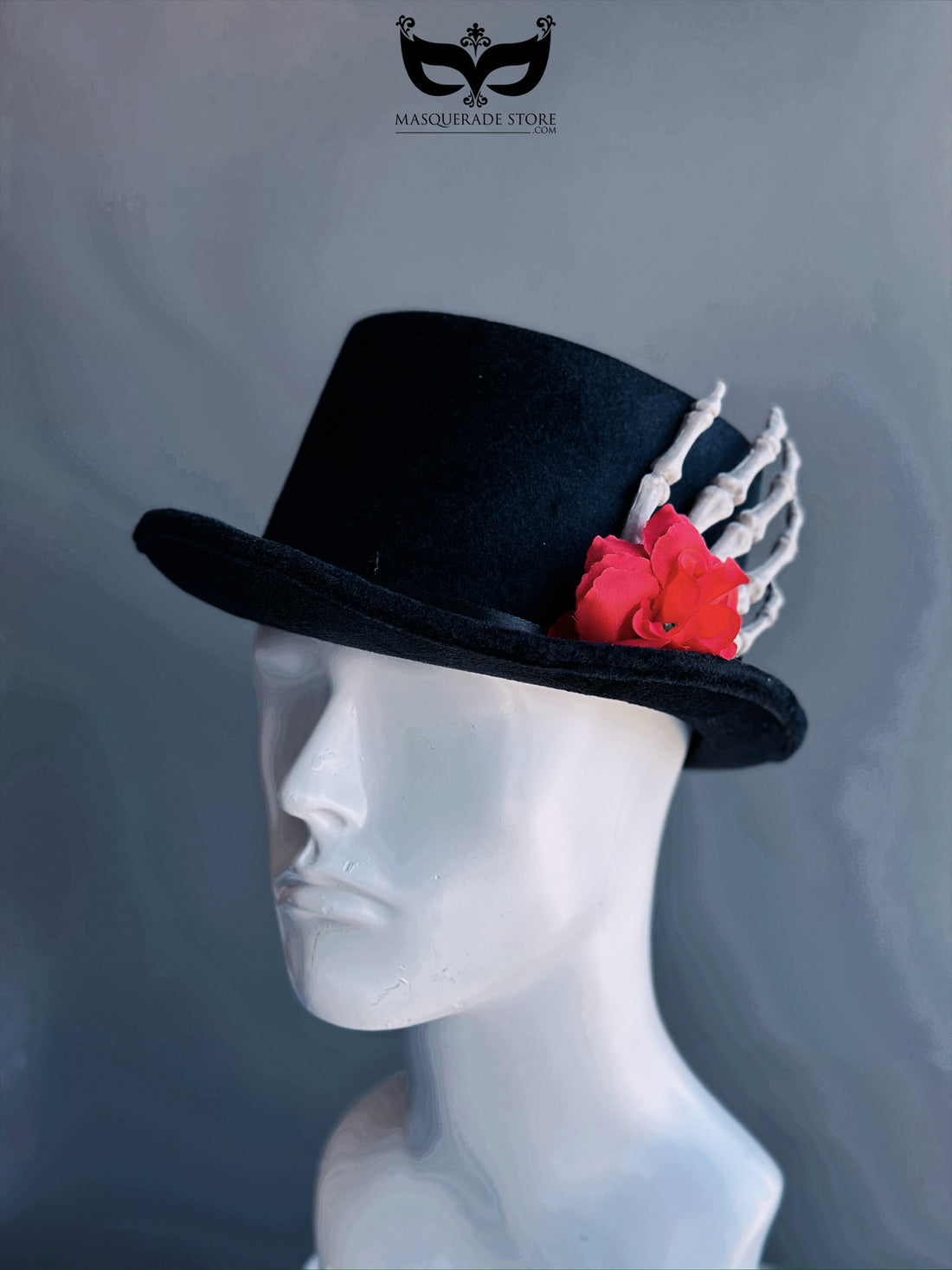 Men’s Day of the Dead hat with black felt base, red rose, and skeletal hand accent, perfect for Día de los Muertos celebrations.