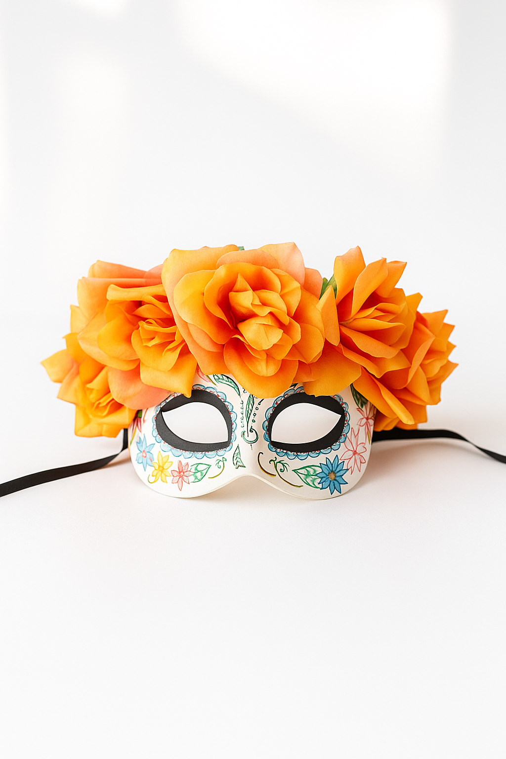 Sugar skull mask with large orange flower crown and painted floral designs for Dia de los Muertos.