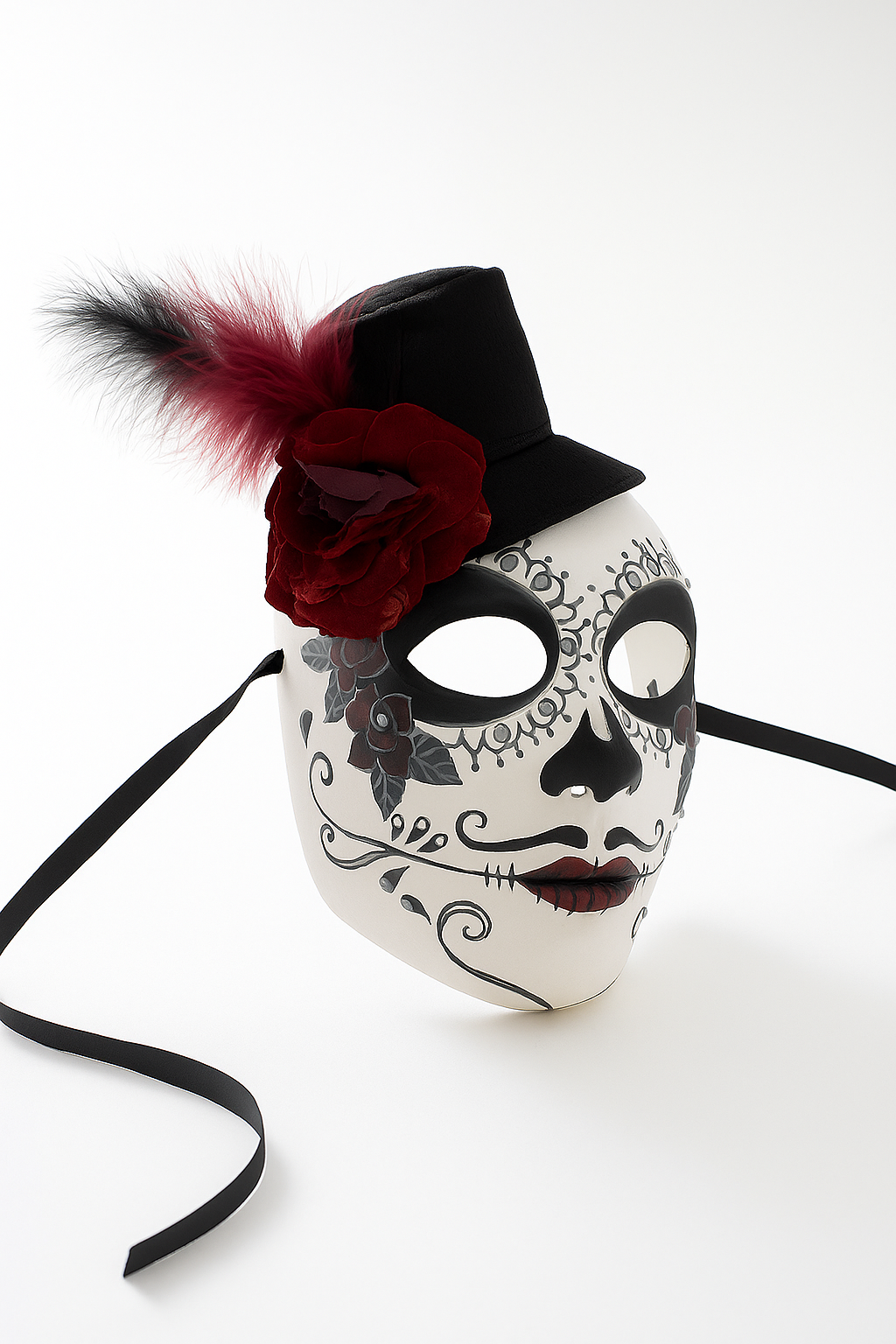 White sugar skull mask with black top hat, rose, and feather.