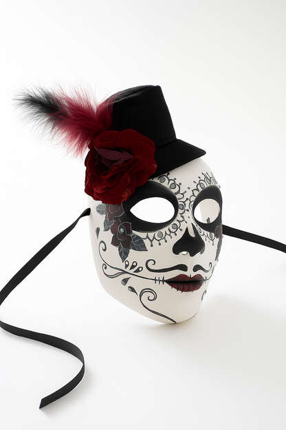 White sugar skull mask with black top hat, rose, and feather.