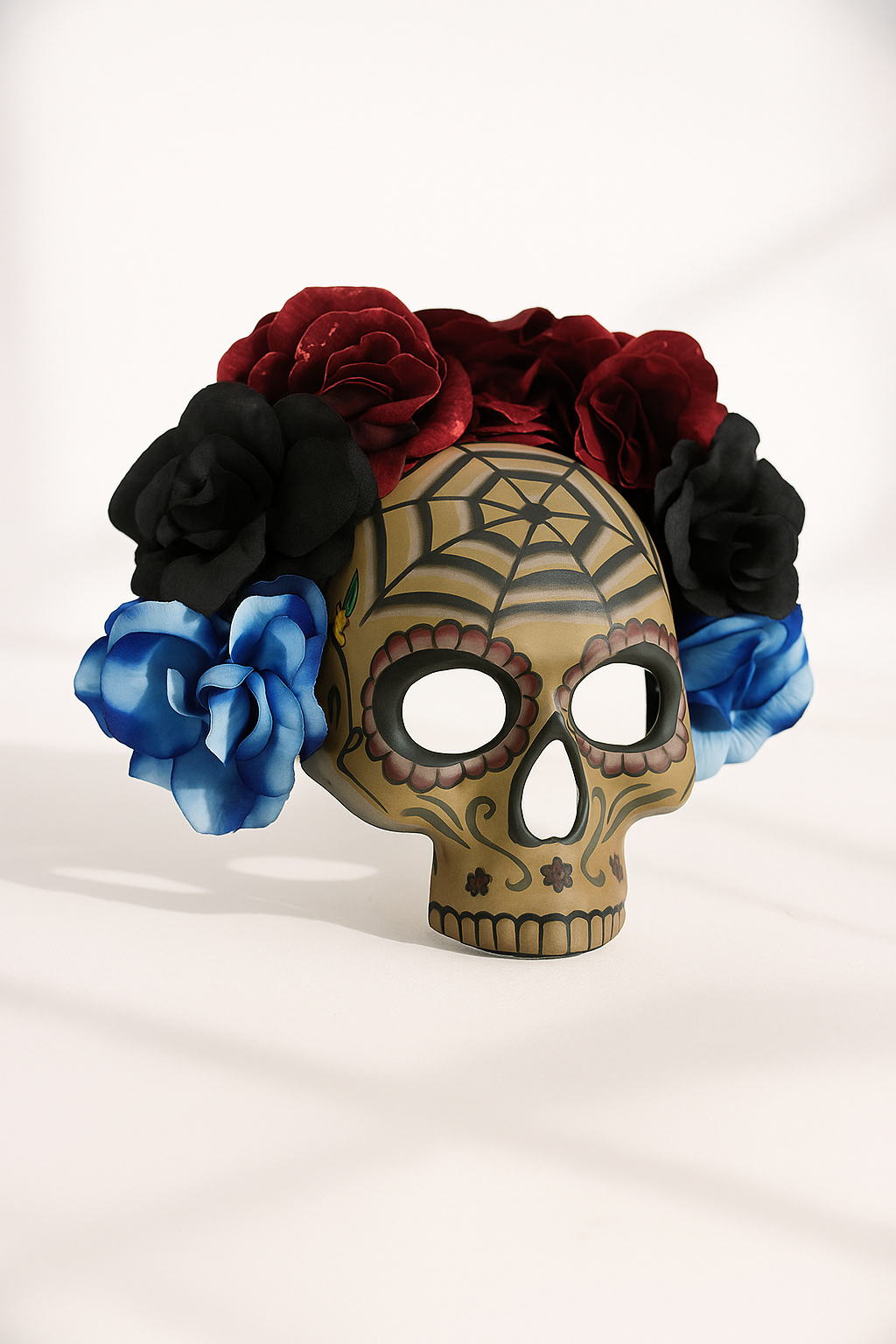 Dia de los Muertos skull mask with spiderweb design and colorful flower crown for Day of the Dead or Halloween costumes.