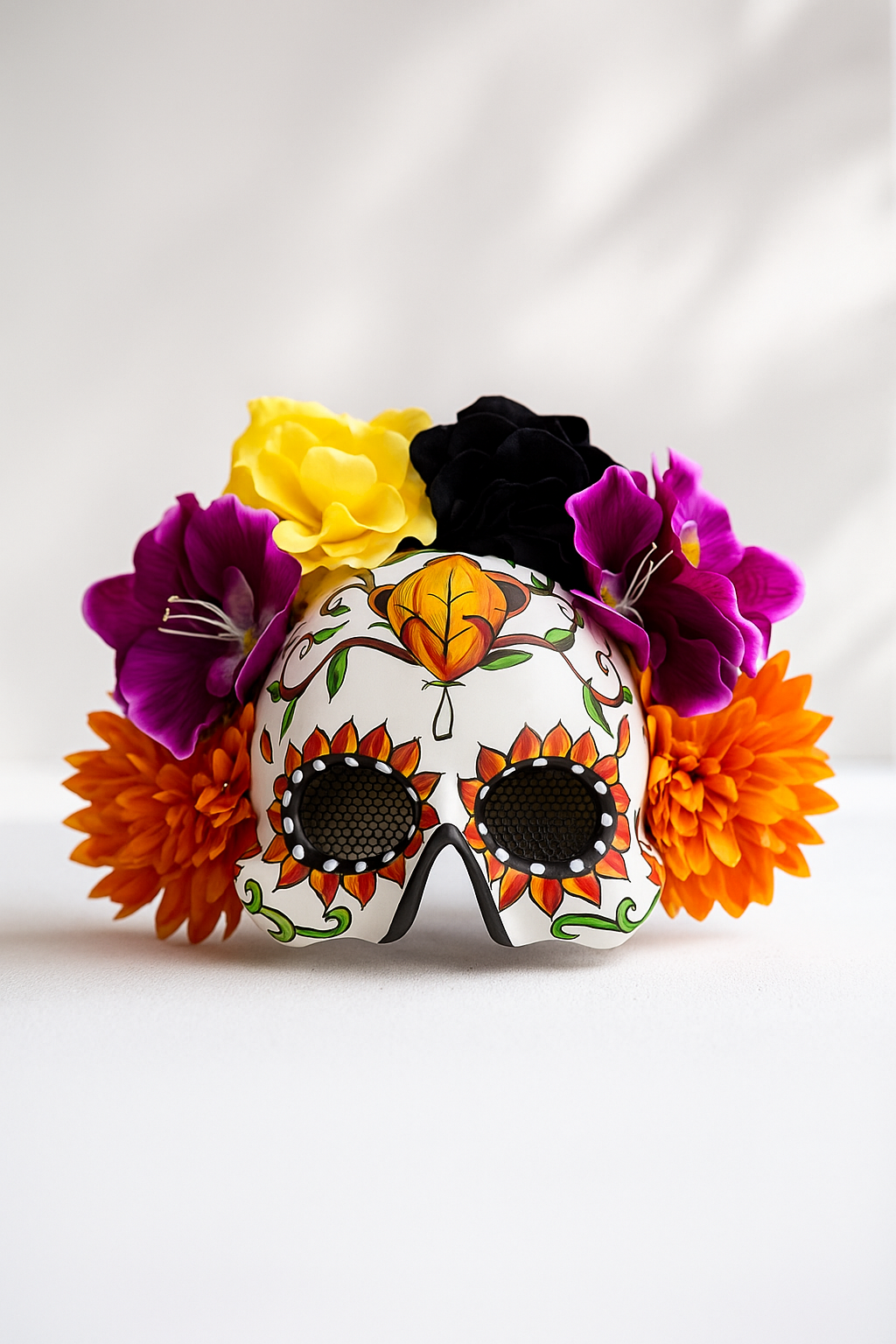 Colorful Day of the Dead sugar skull mask with flower crown, floral skull Halloween mask for Dia de los Muertos costumes and celebrations.