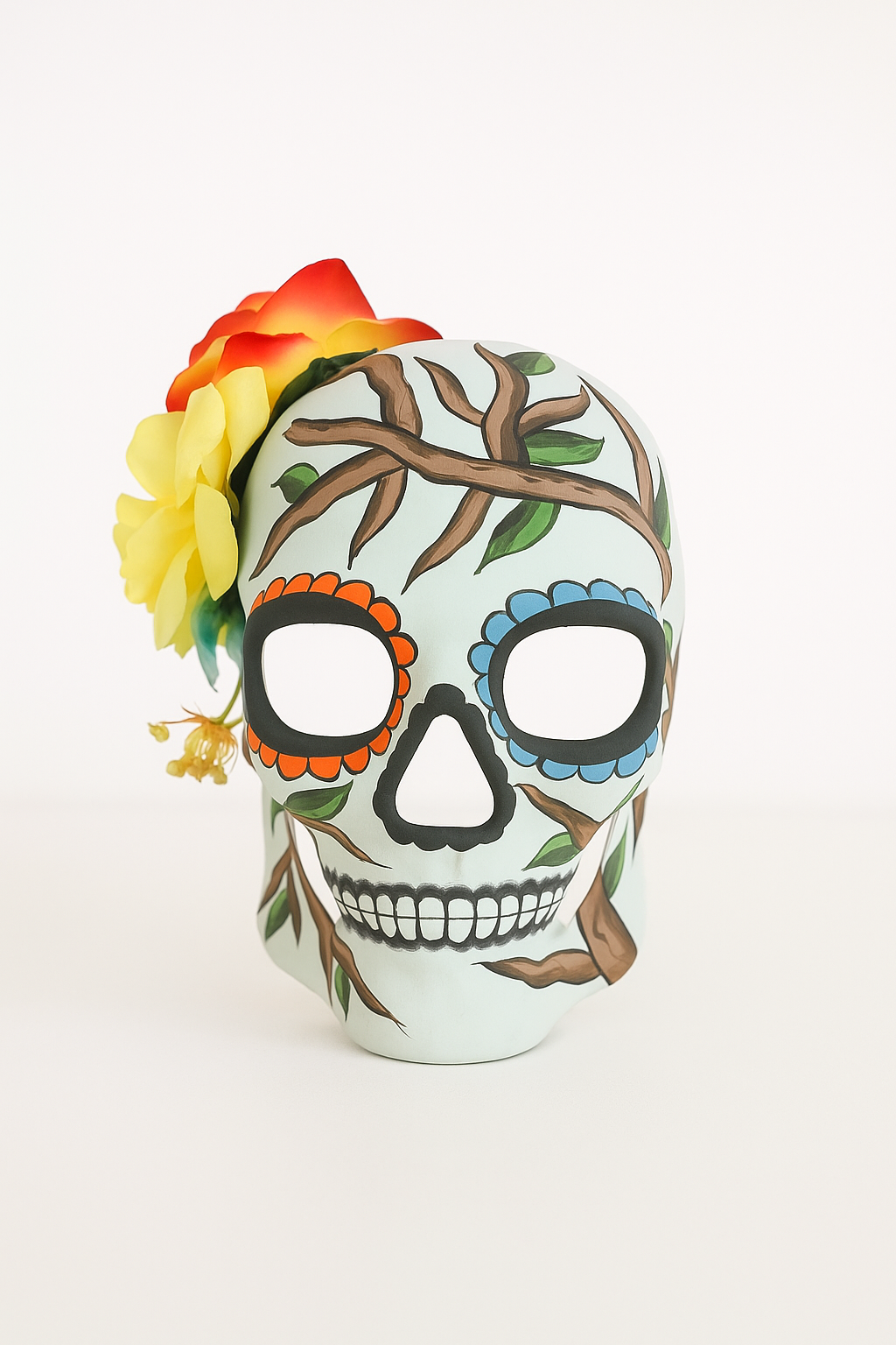 Dia de los Muertos skull mask with tree branch design and yellow flower accent, hand-painted Halloween sugar skull mask.