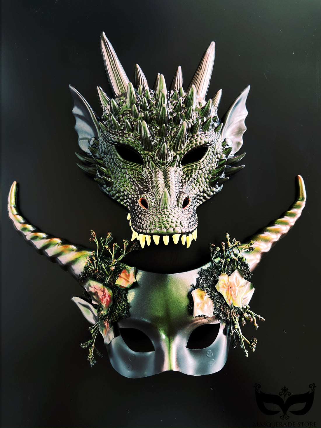 Green dragon and horned floral masquerade masks for couples Halloween costume or fantasy masquerade look
