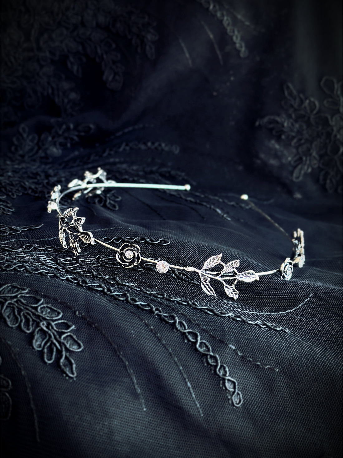 Silver floral leaf headband with crystal accents