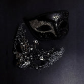 Black Venetian shimmer rhinestone masks featuring intricate details and a sophisticated shine, ideal for masquerades and formal occasions.