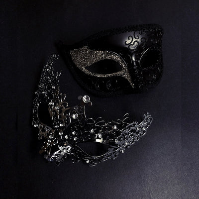 Black Venetian shimmer rhinestone masks featuring intricate details and a sophisticated shine, ideal for masquerades and formal occasions.