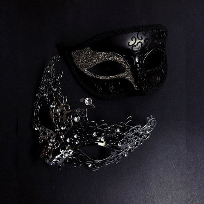 Black Venetian shimmer rhinestone masks featuring intricate details and a sophisticated shine, ideal for masquerades and formal occasions.