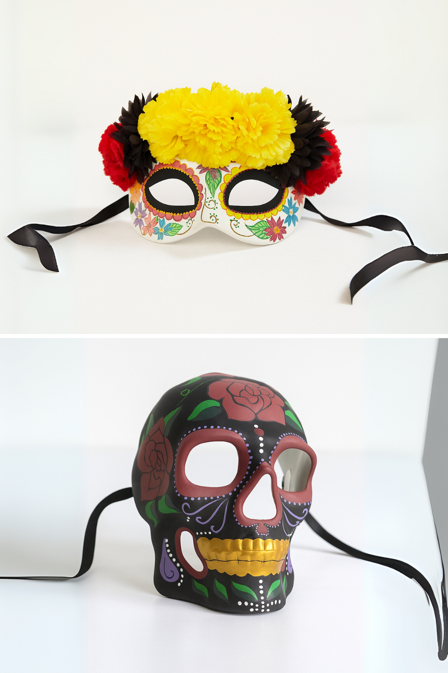 Couples sugar skull mask set with yellow red floral crown and black rose skull.