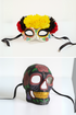 Couples sugar skull mask set with yellow red floral crown and black rose skull.