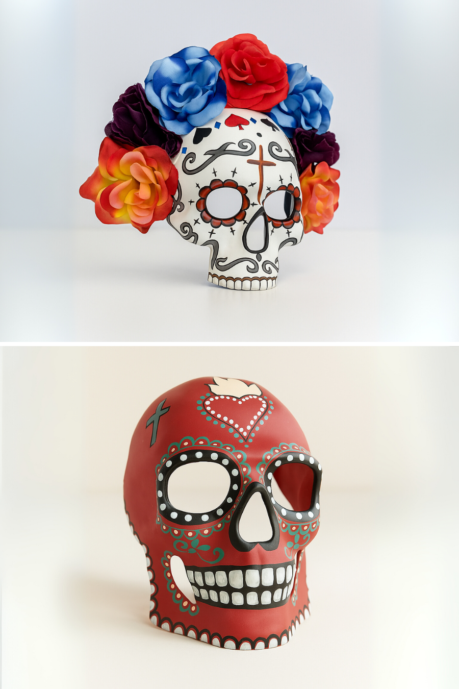 Día de los Muertos couples masks with flower crown catrina and red sacred heart skull.
