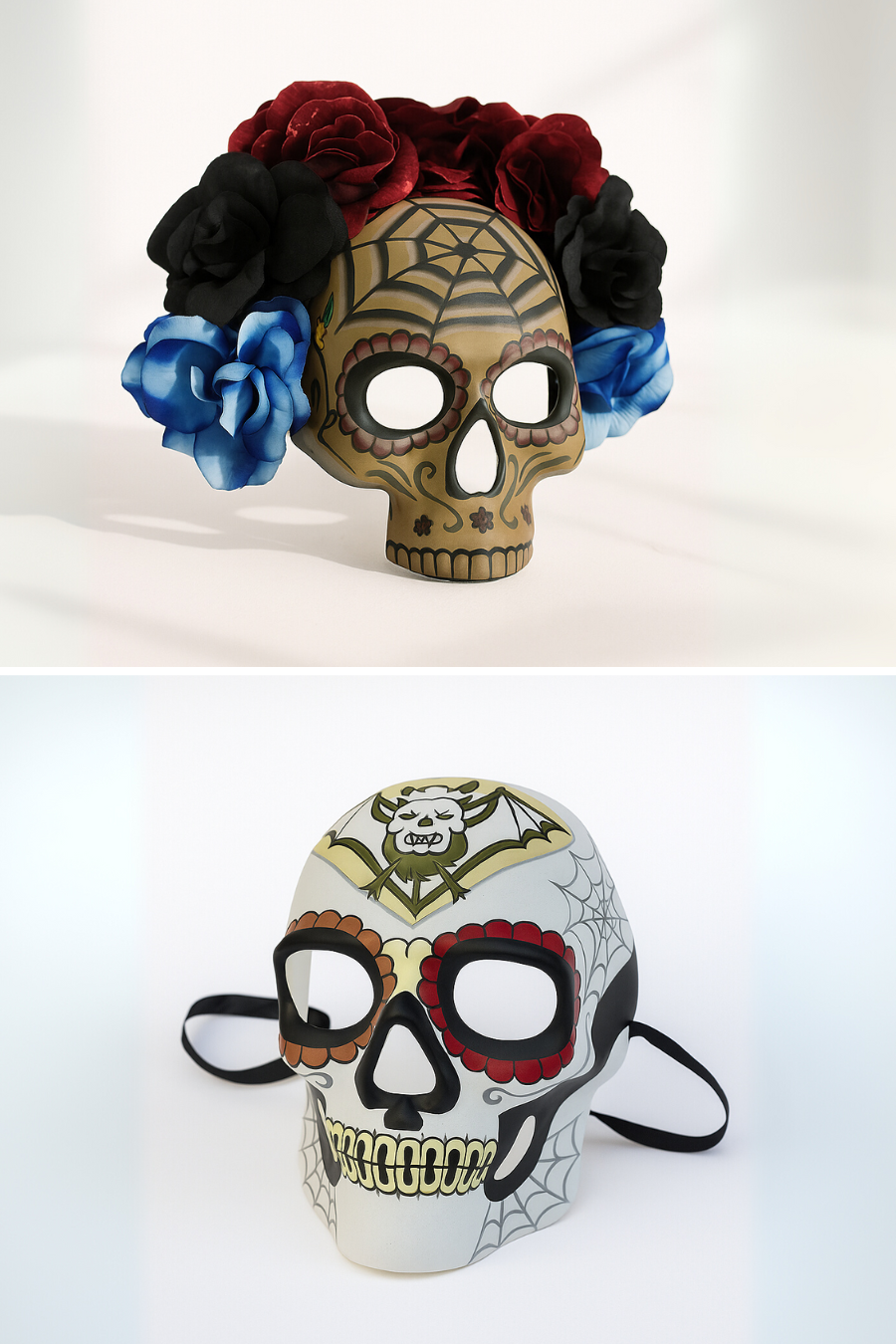 Día de los Muertos couples skull mask set with flower crown and spiderweb details.