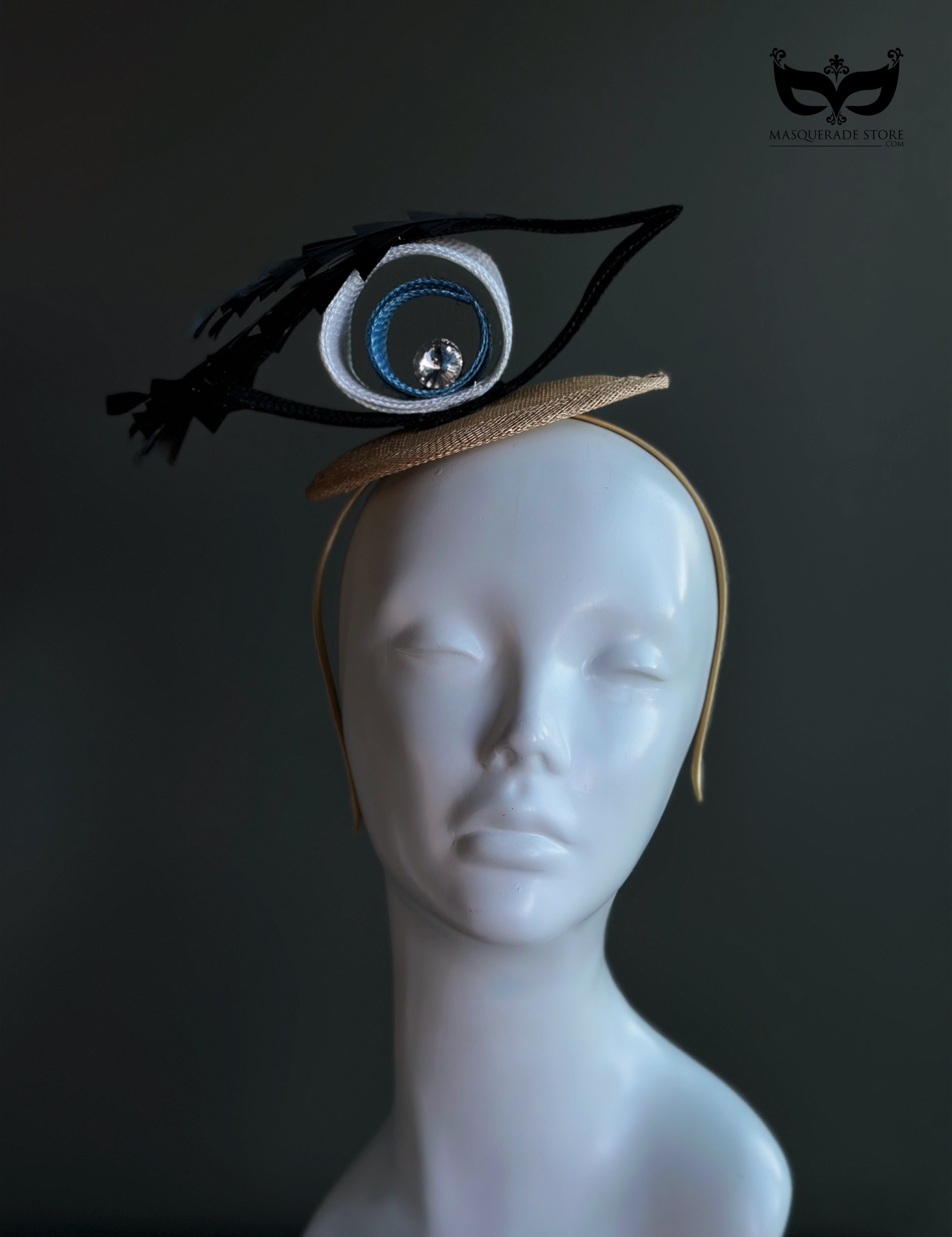 Evil eye crystal fascinator mini top hat with sculpted ribbon loops and gemstone center