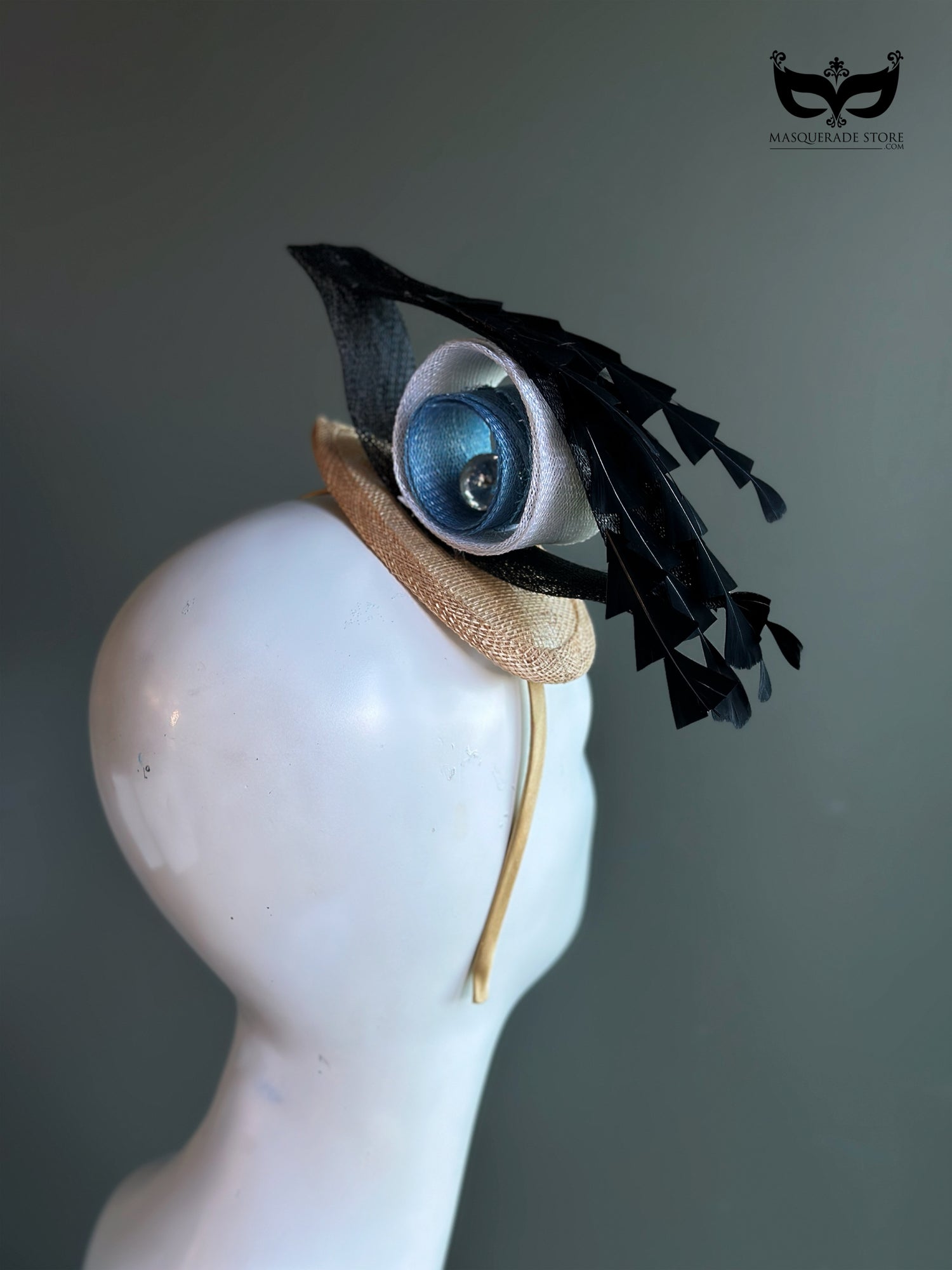 Evil eye crystal fascinator mini top hat with sculpted ribbon loops and gemstone center