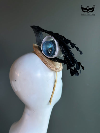 Evil eye crystal fascinator mini top hat with sculpted ribbon loops and gemstone center