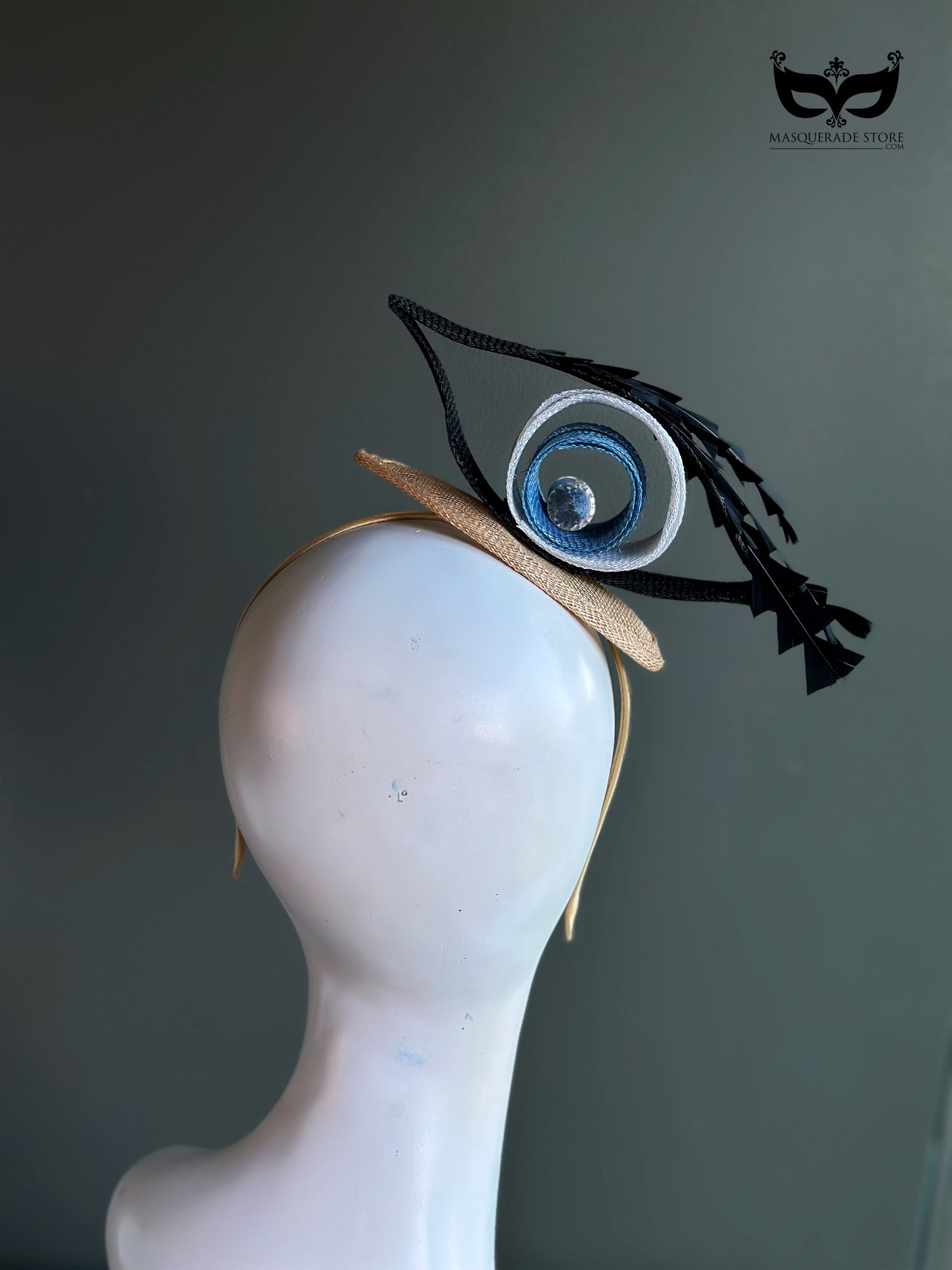 Evil eye crystal fascinator mini top hat with sculpted ribbon loops and gemstone center