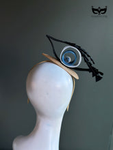 Evil eye crystal fascinator mini top hat with sculpted ribbon loops and gemstone center