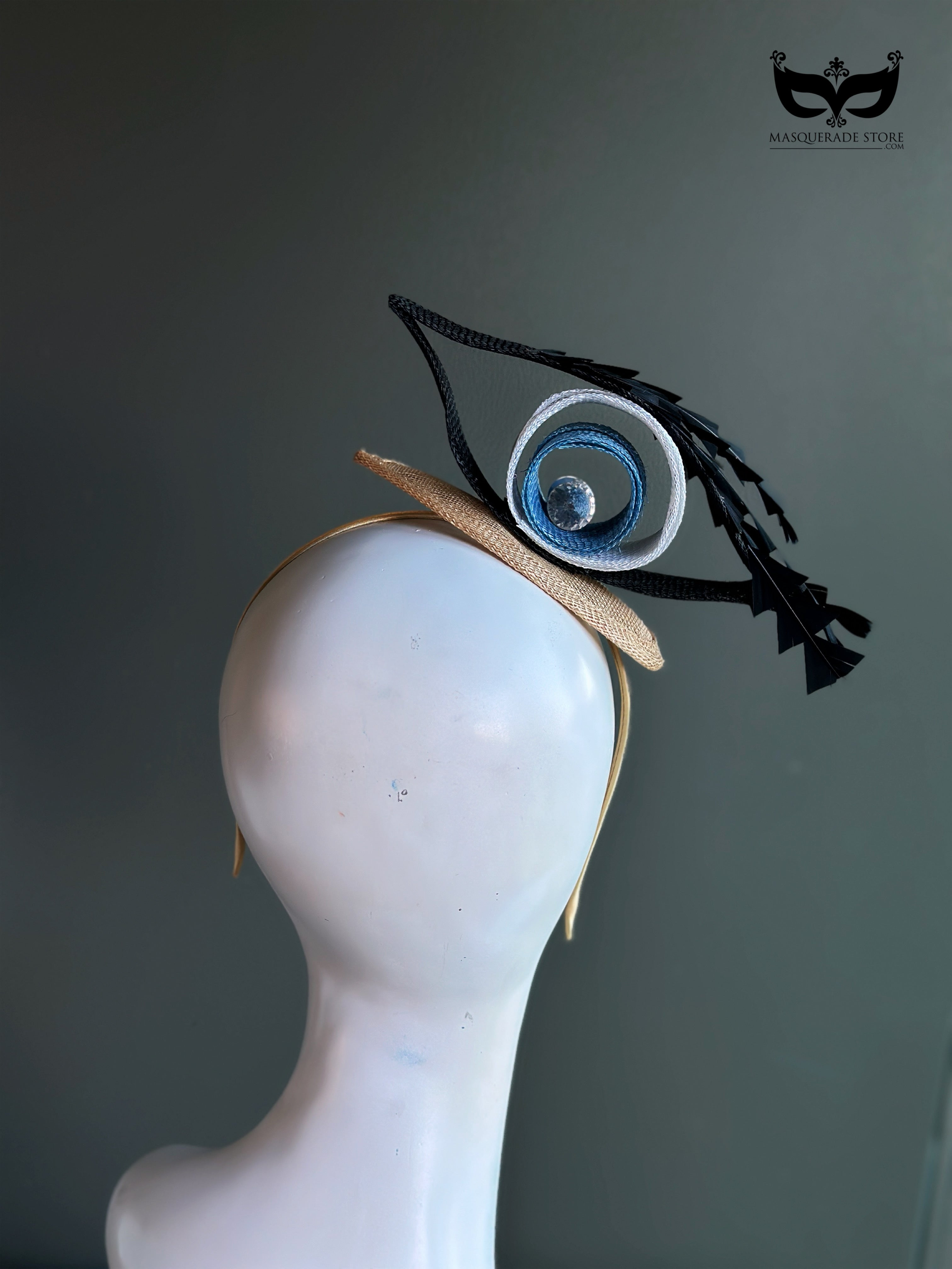 Evil eye crystal fascinator mini top hat with sculpted ribbon loops and gemstone center