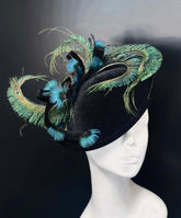 Black velvet fascinator hat base on a clip and headband with swirling peacock feathers.