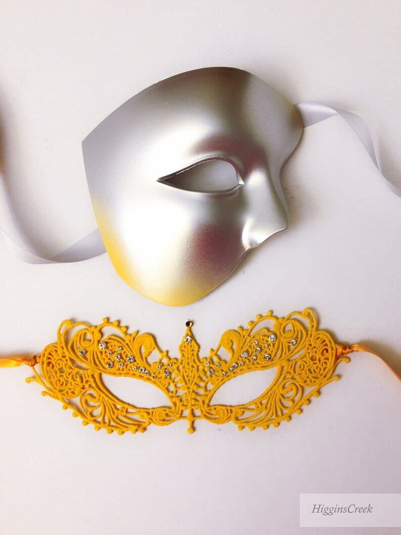 Silver half-face men’s masquerade mask with yellow lace rhinestone kids mask, perfect for father–daughter events.